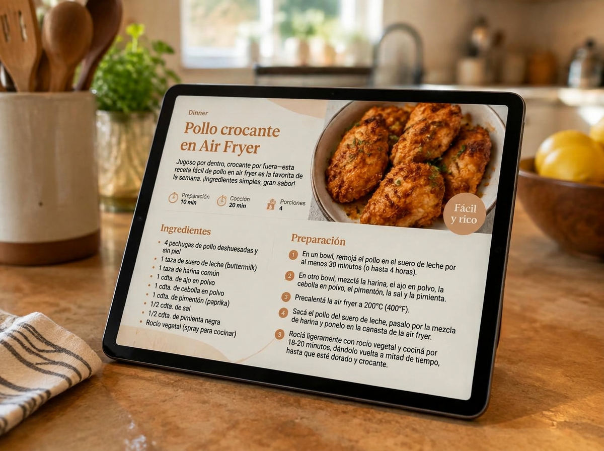 Ebook abierto en una tablet mostrando una receta